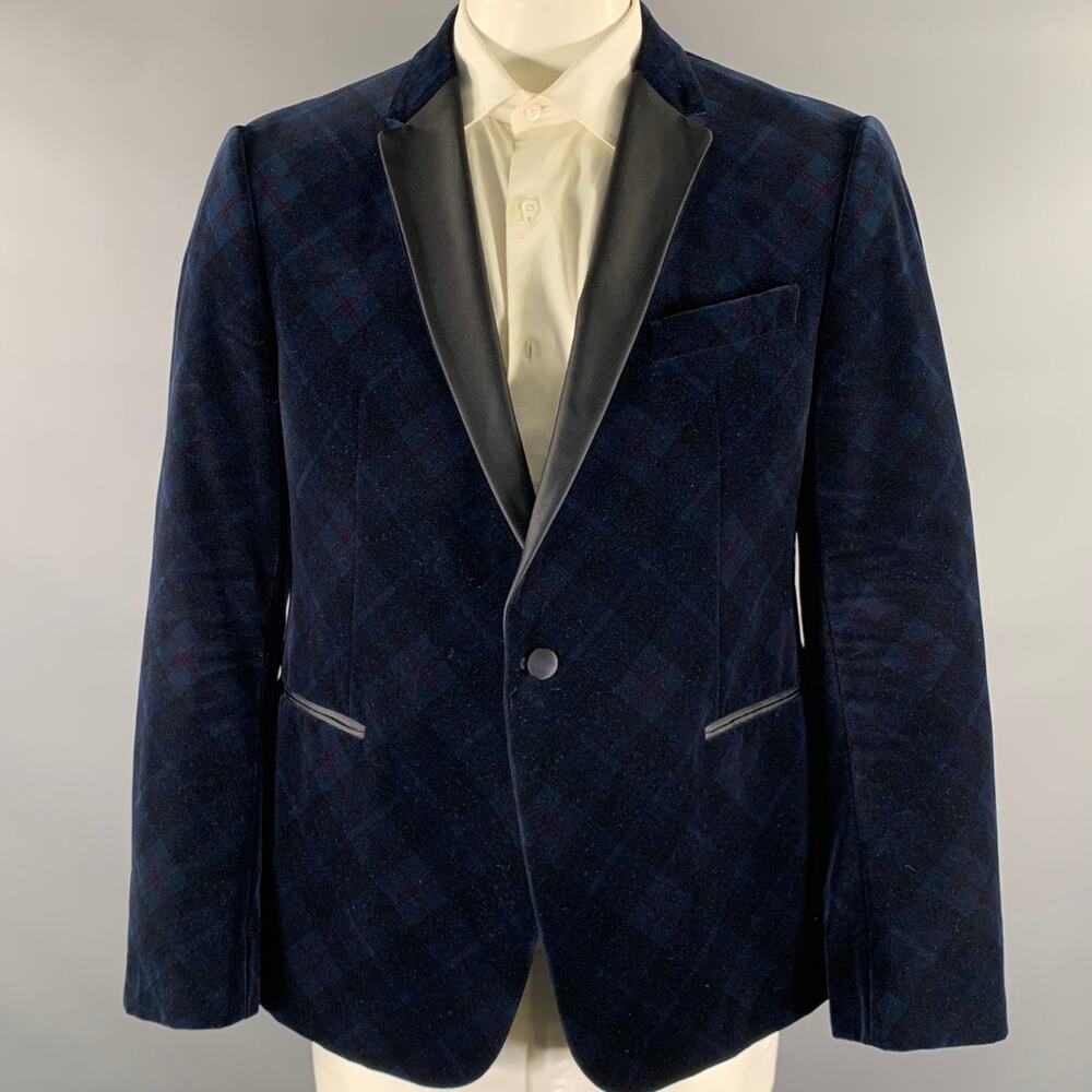 ARMANI COLLEZIONI Size 48 Navy Black Plaid Velvet Tuxedo Sport Coat